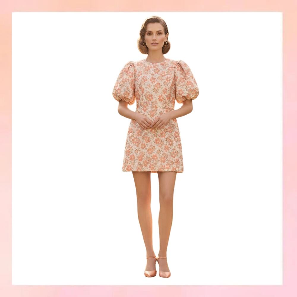 B.RIGHT Metallic Floral Jacquard Puff Sleeve Mini Dress Size S